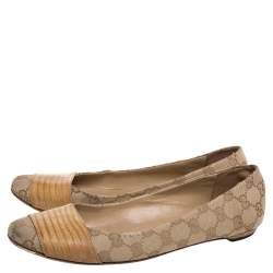 Pre Owned Gucci Brown/Beige GG Canvas And Lizard Embossed Leather Ballet Flats Size 38.5