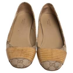 Pre Owned Gucci Brown/Beige GG Canvas And Lizard Embossed Leather Ballet Flats Size 38.5