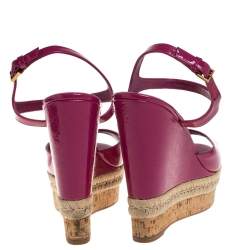 Pre Owned Gucci Pink Guccissima Patent Leather Cork Wedge Sandals Size 40