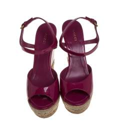 Pre Owned Gucci Pink Guccissima Patent Leather Cork Wedge Sandals Size 40