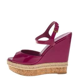 Pre Owned Gucci Pink Guccissima Patent Leather Cork Wedge Sandals Size 40