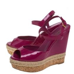 Pre Owned Gucci Pink Guccissima Patent Leather Cork Wedge Sandals Size 40