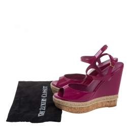 Pre Owned Gucci Pink Guccissima Patent Leather Cork Wedge Sandals Size 40