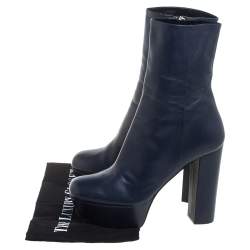 Pre Owned Gucci Blue Leather Platform Block Heel Ankle Boots Size 40