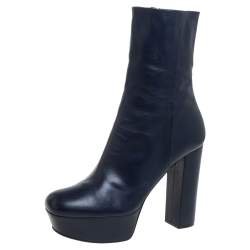 Pre Owned Gucci Blue Leather Platform Block Heel Ankle Boots Size 40