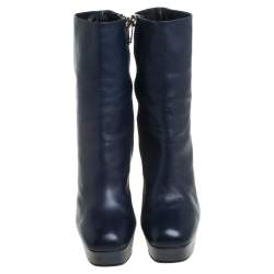 Pre Owned Gucci Blue Leather Platform Block Heel Ankle Boots Size 40