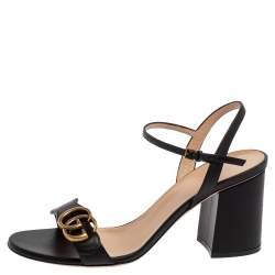 Pre Owned Gucci Black Leather GG Marmont Block Heel Ankle Strap Sandals Size 39