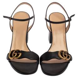 Pre Owned Gucci Black Leather GG Marmont Block Heel Ankle Strap Sandals Size 39