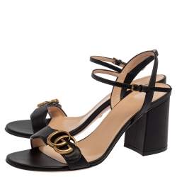 Pre Owned Gucci Black Leather GG Marmont Block Heel Ankle Strap Sandals Size 39