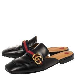 مملوكة مسبقًا Gucci Black Leather Web GG Logo Flat Mules Size 41