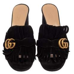 Pre Owned Gucci Black Suede GG Marmont Fringe Sandals Size 39.5