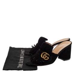 Pre Owned Gucci Black Suede GG Marmont Fringe Sandals Size 39.5