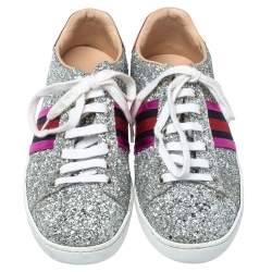 Pre Owned Gucci Silver Glitter And Leather Ace Web Low-top Sneakers Size 37