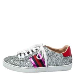 Pre Owned Gucci Silver Glitter And Leather Ace Web Low-top Sneakers Size 37