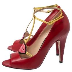 Pre Owned Gucci Red Leather Molina Lips Embroidered T Strap Sandals Size 40