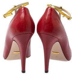 Pre Owned Gucci Red Leather Molina Lips Embroidered T Strap Sandals Size 40