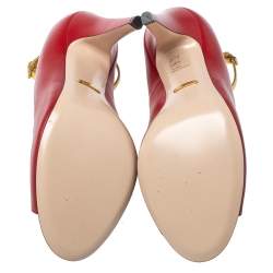 Pre Owned Gucci Red Leather Molina Lips Embroidered T Strap Sandals Size 40