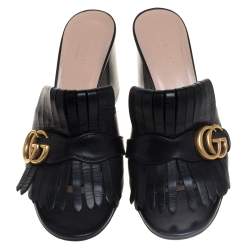 مملوكة مسبقًا Gucci Black Leather GG Marmont Fringe Detail Open Toe Sandals Size 39
