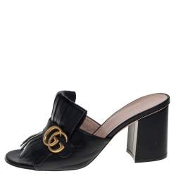 مملوكة مسبقًا Gucci Black Leather GG Marmont Fringe Detail Open Toe Sandals Size 39