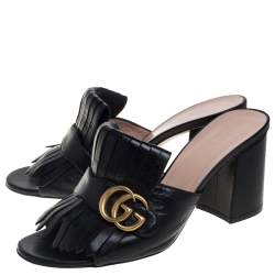 مملوكة مسبقًا Gucci Black Leather GG Marmont Fringe Detail Open Toe Sandals Size 39