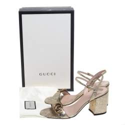 مملوكة مسبقًا Gucci Metallic Gold Foil Leather Marmont Block Heel Ankle Strap Sandals Size 38