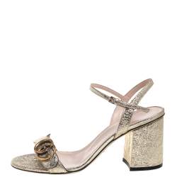 مملوكة مسبقًا Gucci Metallic Gold Foil Leather Marmont Block Heel Ankle Strap Sandals Size 38
