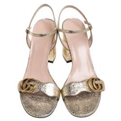 مملوكة مسبقًا Gucci Metallic Gold Foil Leather Marmont Block Heel Ankle Strap Sandals Size 38