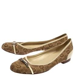 Pre Owned Gucci Cream/Brown Canvas And Leather Horsebit Ballet Flats Size 38