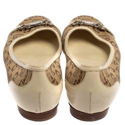 Pre Owned Gucci Cream/Brown Canvas And Leather Horsebit Ballet Flats Size 38