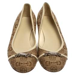Pre Owned Gucci Cream/Brown Canvas And Leather Horsebit Ballet Flats Size 38