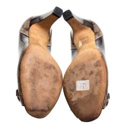 مملوكة مسبقًا حذاء كعب عالي غوتشي بامبو هورسبيت جلد لامع وكانفاس كريستال جي جي بيج/بني مقاس 35.5