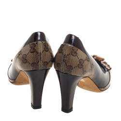 مملوكة مسبقًا حذاء كعب عالي غوتشي بامبو هورسبيت جلد لامع وكانفاس كريستال جي جي بيج/بني مقاس 35.5