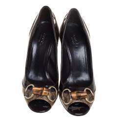 مملوكة مسبقًا حذاء كعب عالي غوتشي بامبو هورسبيت جلد لامع وكانفاس كريستال جي جي بيج/بني مقاس 35.5