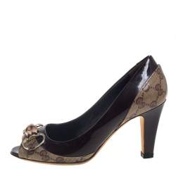 مملوكة مسبقًا حذاء كعب عالي غوتشي بامبو هورسبيت جلد لامع وكانفاس كريستال جي جي بيج/بني مقاس 35.5