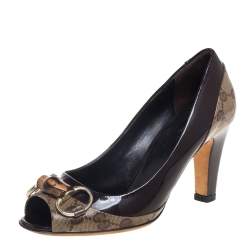 مملوكة مسبقًا حذاء كعب عالي غوتشي بامبو هورسبيت جلد لامع وكانفاس كريستال جي جي بيج/بني مقاس 35.5