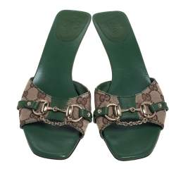 مملوكة مسبقًا Gucci Brown/Beige Canvas And Green Leather Horsebit Slide Sandals Size 41