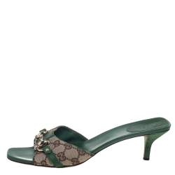 مملوكة مسبقًا Gucci Brown/Beige Canvas And Green Leather Horsebit Slide Sandals Size 41