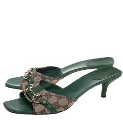 مملوكة مسبقًا Gucci Brown/Beige Canvas And Green Leather Horsebit Slide Sandals Size 41