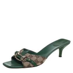 مملوكة مسبقًا Gucci Brown/Beige Canvas And Green Leather Horsebit Slide Sandals Size 41