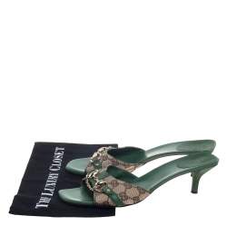 مملوكة مسبقًا Gucci Brown/Beige Canvas And Green Leather Horsebit Slide Sandals Size 41