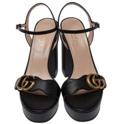 Pre Owned Gucci Black Leather GG Marmont Ankle Strap Sandals Size 35
