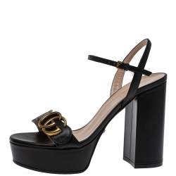 Pre Owned Gucci Black Leather GG Marmont Ankle Strap Sandals Size 35