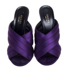 Pre Owned Gucci Purple Satin Webby Quilted Block CrissCross Sandals Size 37.5