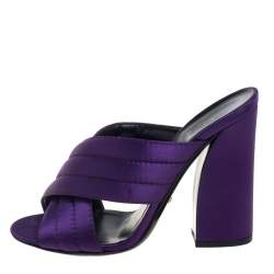 Pre Owned Gucci Purple Satin Webby Quilted Block CrissCross Sandals Size 37.5