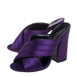 Pre Owned Gucci Purple Satin Webby Quilted Block CrissCross Sandals Size 37.5