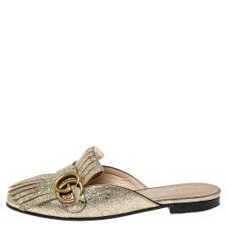 Pre Owned Gucci Metallic Gold Crackle Leather GG Marmont Kiltie Flat Mules Size 37