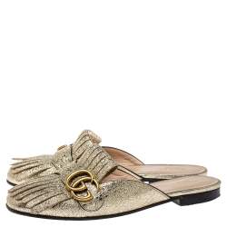 Pre Owned Gucci Metallic Gold Crackle Leather GG Marmont Kiltie Flat Mules Size 37