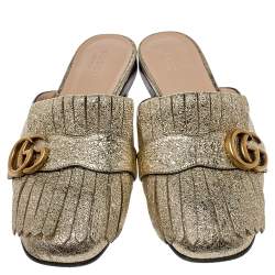 Pre Owned Gucci Metallic Gold Crackle Leather GG Marmont Kiltie Flat Mules Size 37