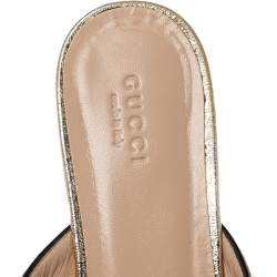 Pre Owned Gucci Metallic Gold Crackle Leather GG Marmont Kiltie Flat Mules Size 37