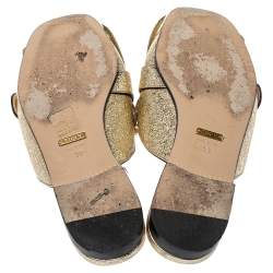 Pre Owned Gucci Metallic Gold Crackle Leather GG Marmont Kiltie Flat Mules Size 37
